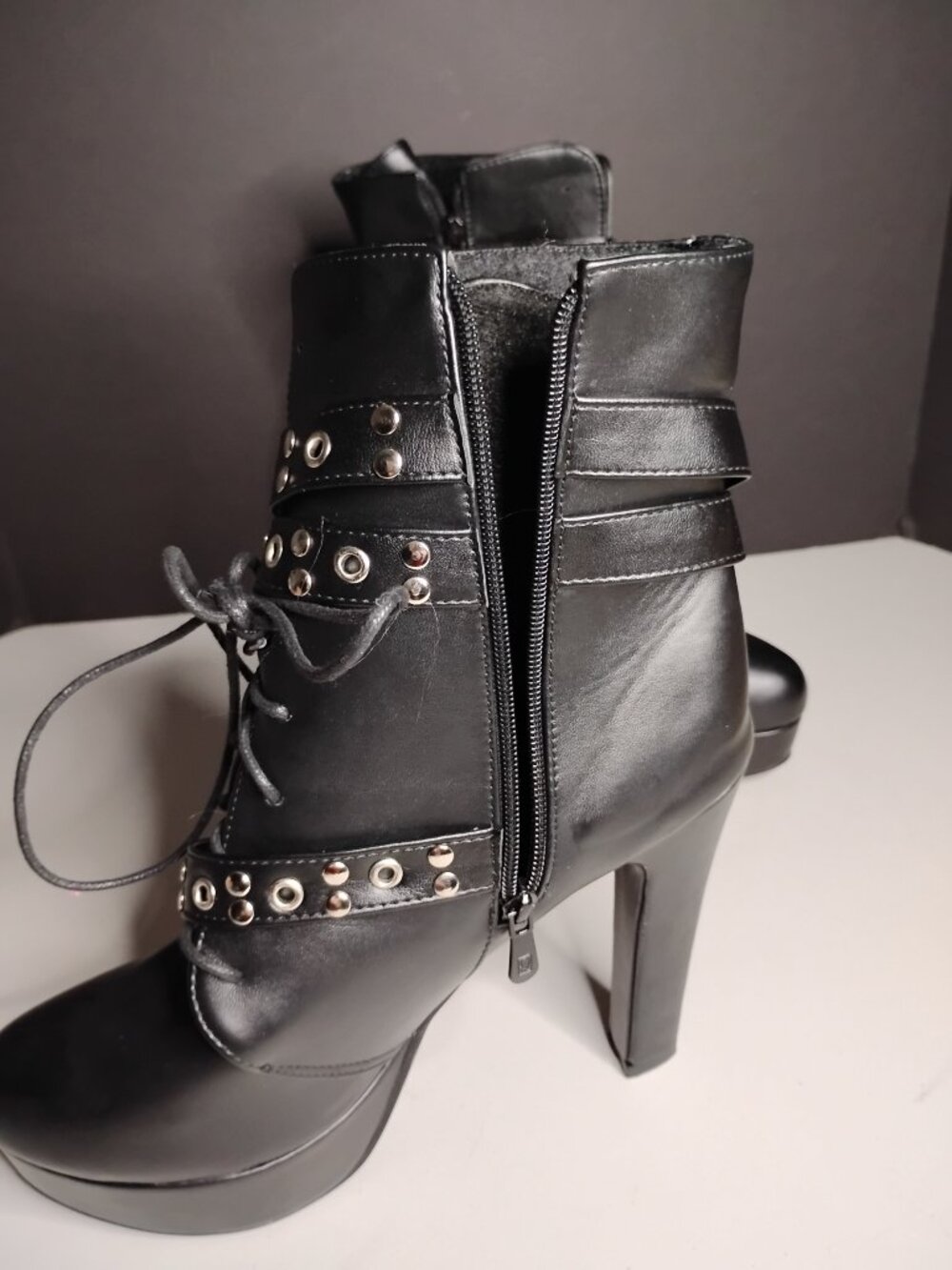 Women Studded Belt Buckle Chunky High Heel Ankle Combat Boots Faux Leather Sz44 - Picture 10 of 12